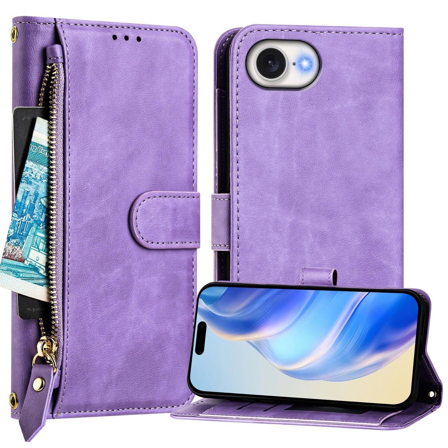 For iPhone SE (2025) Case Zipper Pocket Multiple Card Slots Leather Phone Cover - Purple