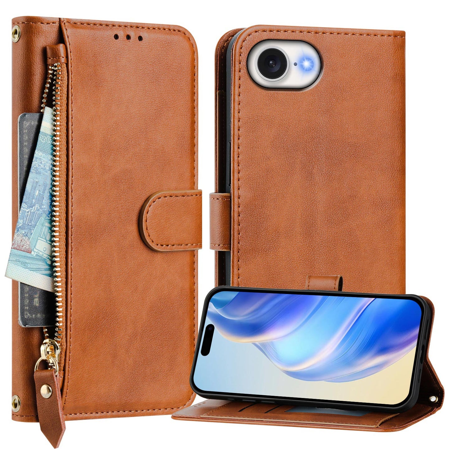 For iPhone 16e Case Zipper Pocket Multiple Card Slots Leather Phone Cover - Brown