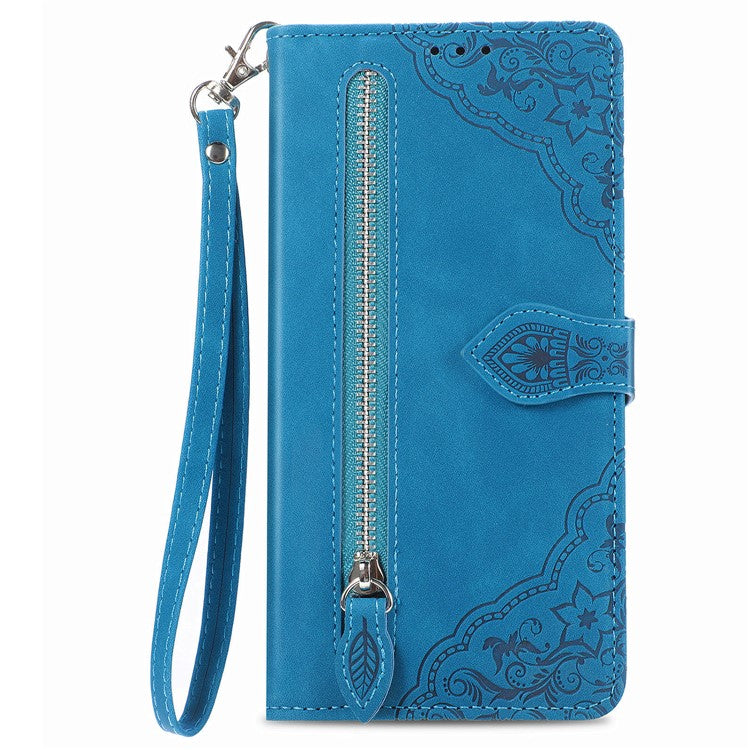 For Samsung Galaxy A36 5G / A56 5G Case Zipper Wallet PU Leather Flower Imprint Phone Cover - Blue