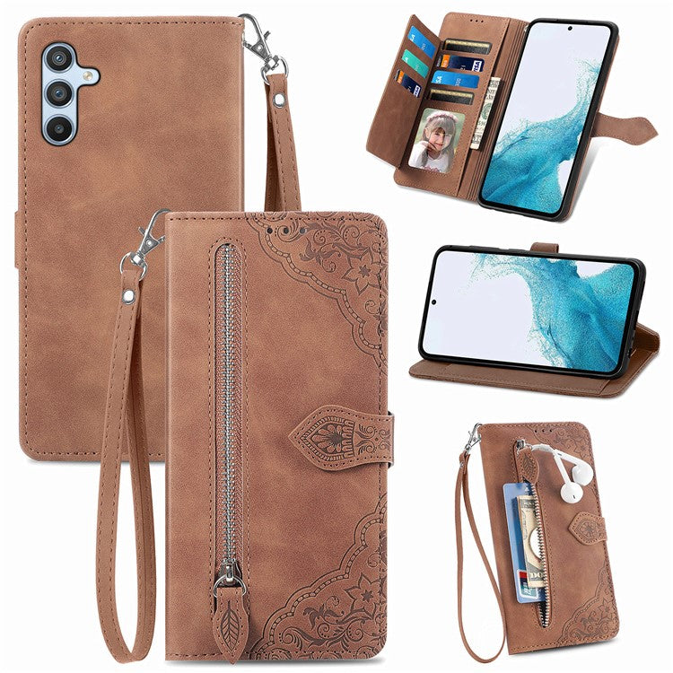 For Samsung Galaxy A36 5G / A56 5G Case Zipper Wallet PU Leather Flower Imprint Phone Cover - Brown