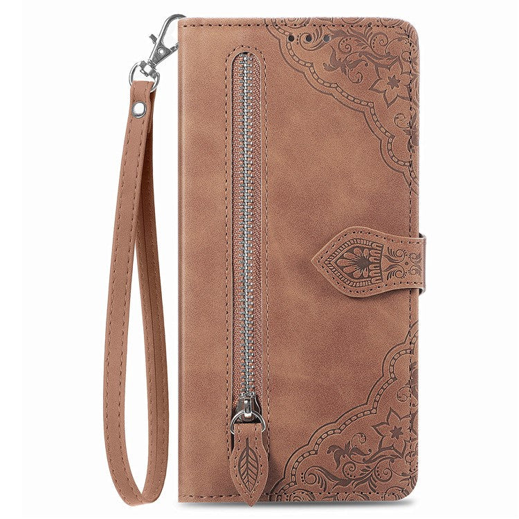 For Samsung Galaxy A36 5G / A56 5G Case Zipper Wallet PU Leather Flower Imprint Phone Cover - Brown