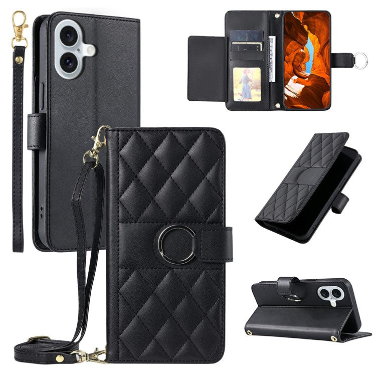 For iPhone 16 Plus Crossbody Leather Case Ring Buckle Wallet Stand Rhombus Mobile Cover - Black