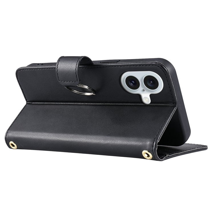 For iPhone 16 Plus Crossbody Leather Case Ring Buckle Wallet Stand Rhombus Mobile Cover - Black