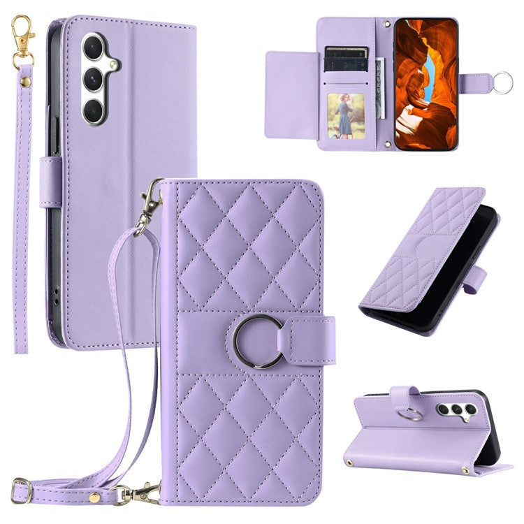 For Samsung Galaxy S24 Crossbody Leather Case Ring Buckle Wallet Stand Rhombus Mobile Cover - Purple