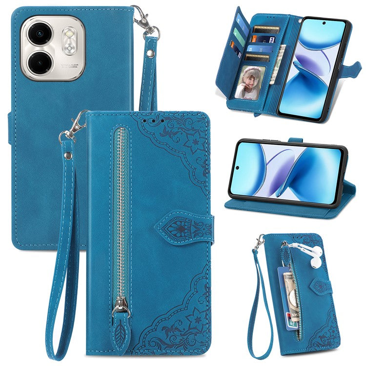 For Infinix Smart 9 4G Case Zipper Wallet PU Leather Flower Imprint Phone Cover - Blue