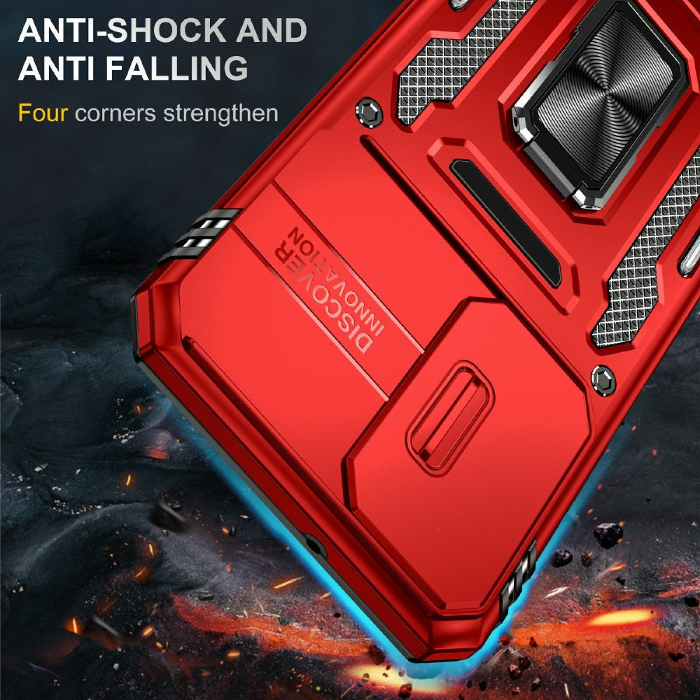For Samsung Galaxy A16 4G / 5G Case Kickstand Slide Lens Lid PC+TPU Drop-Proof Phone Cover - Red