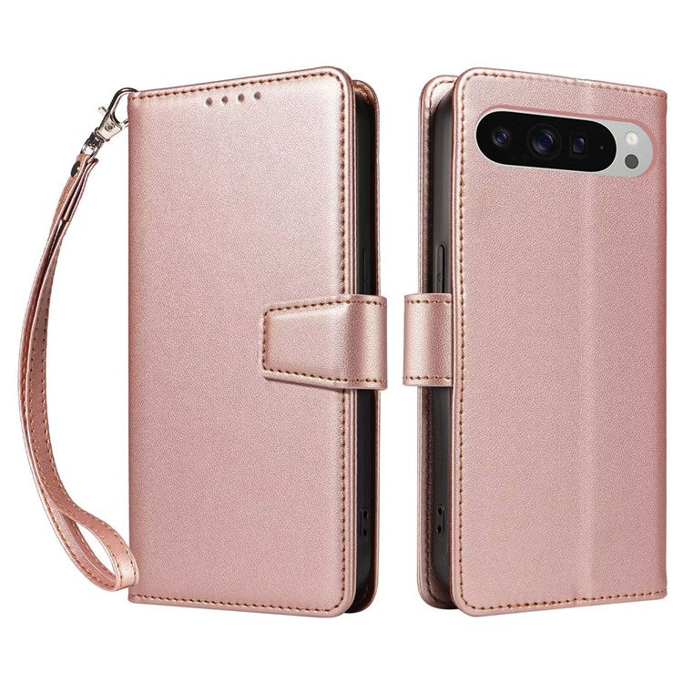 For Google Pixel 9 / 9 Pro Case RFID Blocking Leather Wallet Flip Phone Cover with Wrist Strap - Rose Gold