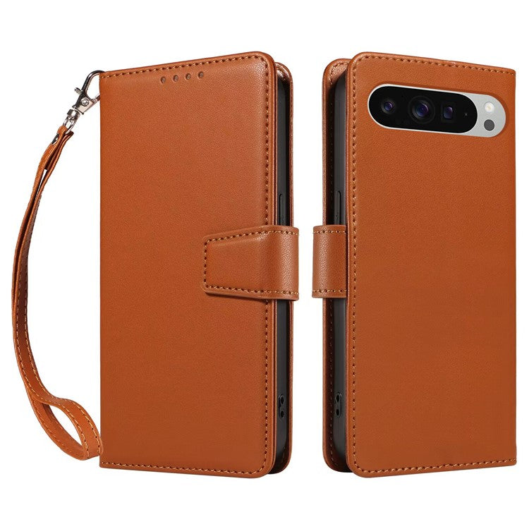 For Google Pixel 9 / 9 Pro Case RFID Blocking Leather Wallet Flip Phone Cover with Wrist Strap - Light Brown