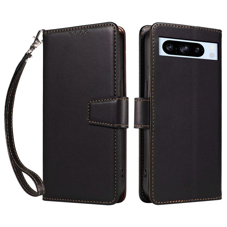 For Google Pixel 8 Pro Case RFID Blocking Leather Wallet Flip Phone Cover with Wrist Strap - Black
