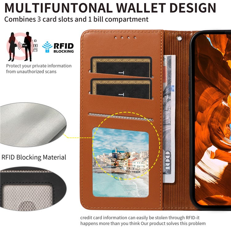 For Google Pixel 8 Case RFID Blocking Leather Wallet Flip Phone Cover with Wrist Strap - Light Brown