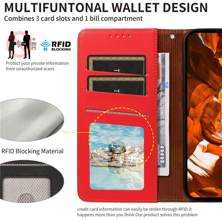 For Google Pixel 7a Case RFID Blocking Leather Wallet Flip Phone Cover with Wrist Strap - Red