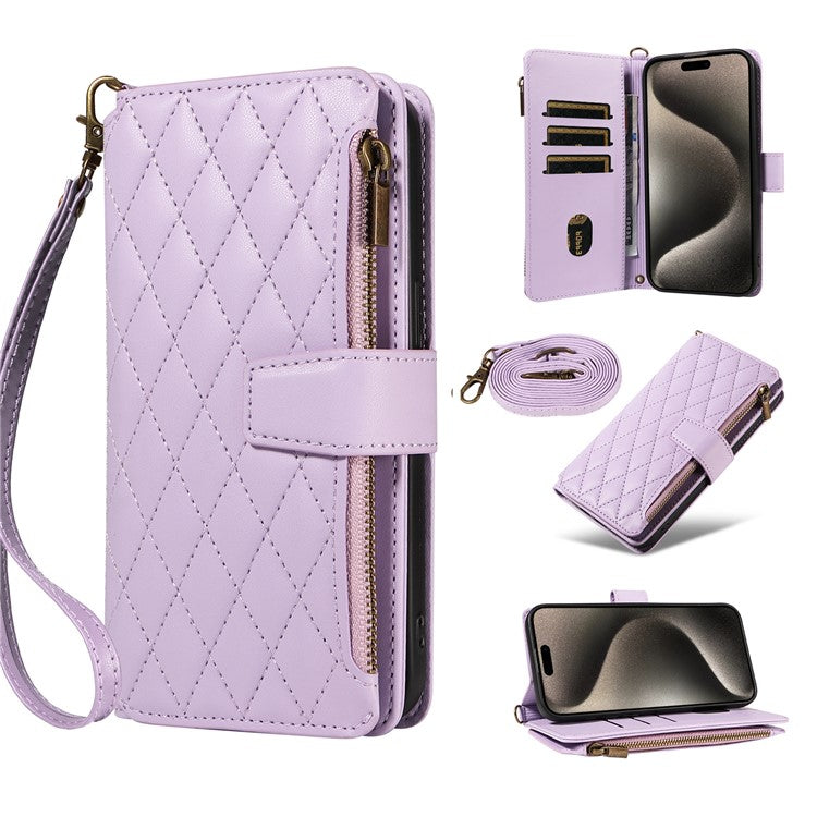 For iPhone 16 Pro Max Leather Case with Card Holder, Straps, RFID Blocking Wallet Phone Cover Rhombus Pattern - Purple