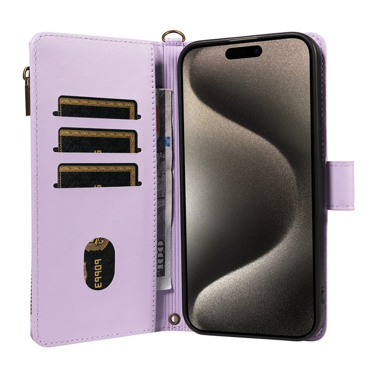 For iPhone 16 Pro Max Leather Case with Card Holder, Straps, RFID Blocking Wallet Phone Cover Rhombus Pattern - Purple