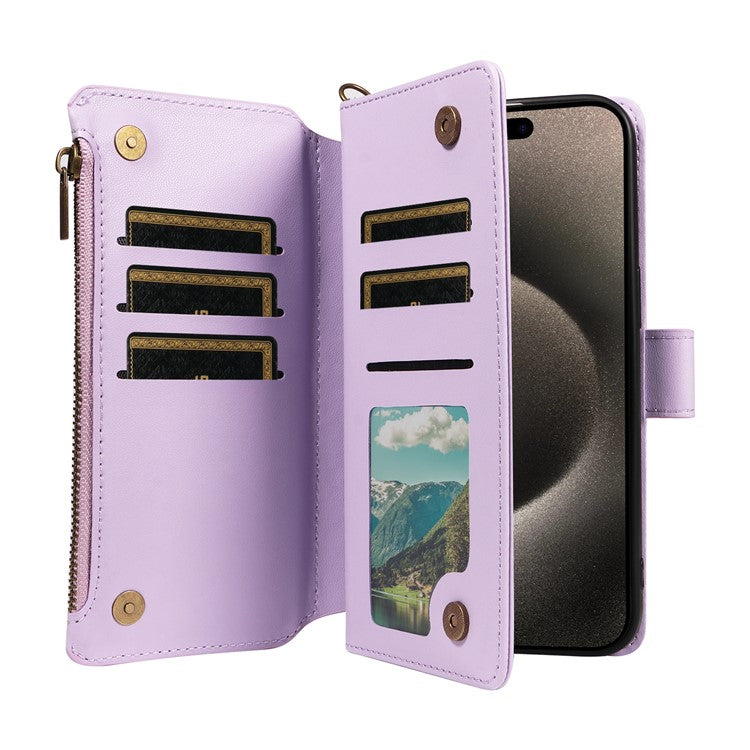 For iPhone 16 Pro Max Leather Case with Card Holder, Straps, RFID Blocking Wallet Phone Cover Rhombus Pattern - Purple