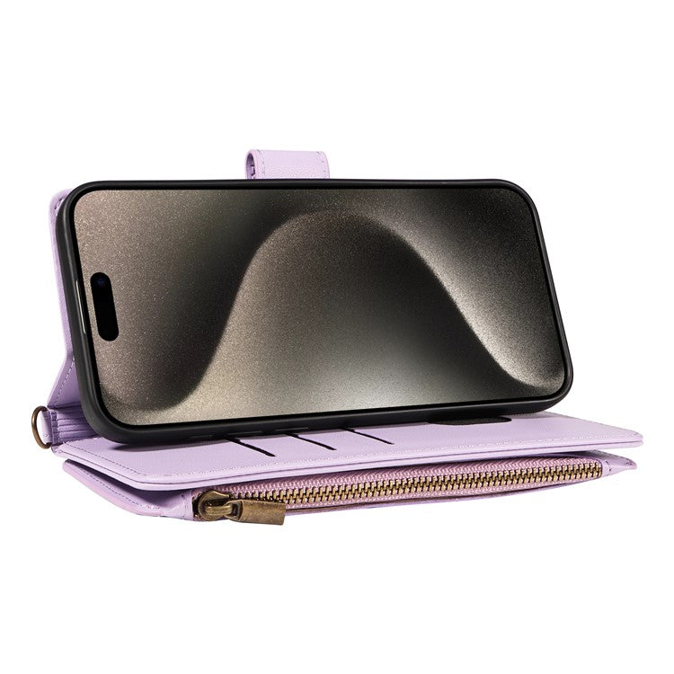 For iPhone 16 Pro Max Leather Case with Card Holder, Straps, RFID Blocking Wallet Phone Cover Rhombus Pattern - Purple