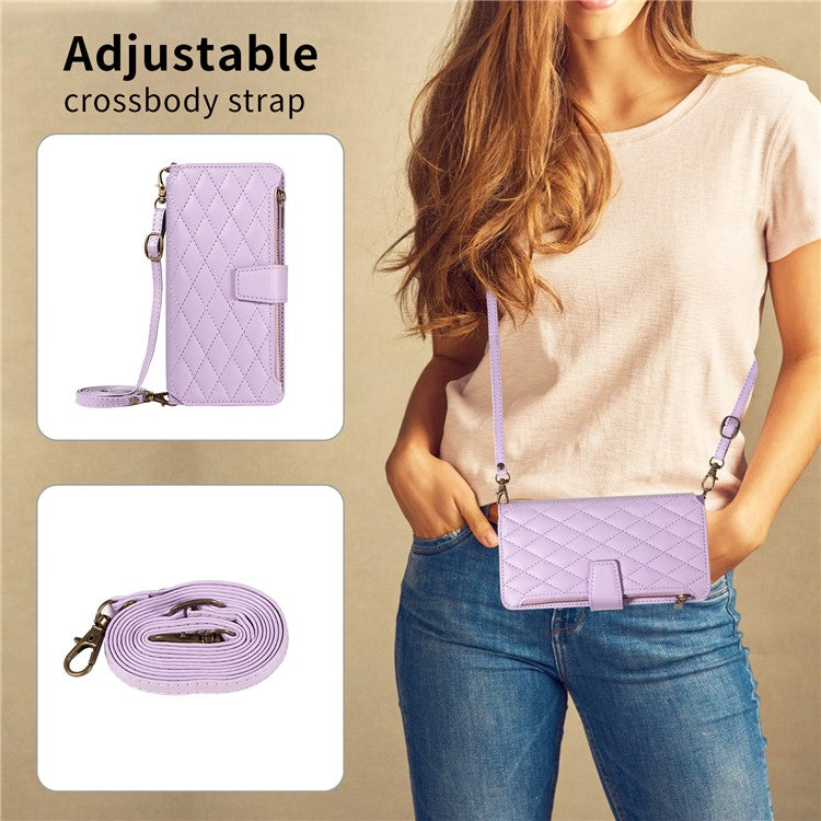 For iPhone 16 Pro Max Leather Case with Card Holder, Straps, RFID Blocking Wallet Phone Cover Rhombus Pattern - Purple