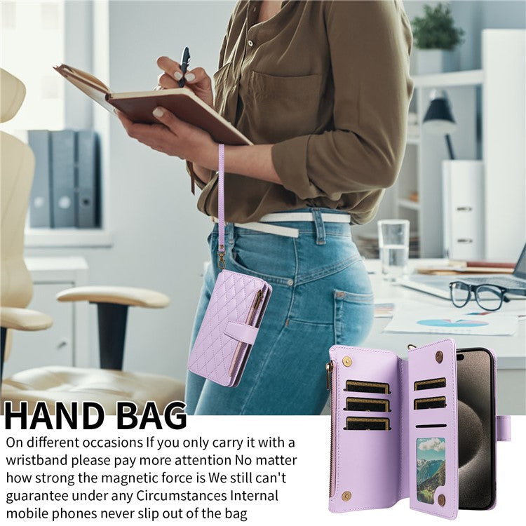 For iPhone 16 Pro Max Leather Case with Card Holder, Straps, RFID Blocking Wallet Phone Cover Rhombus Pattern - Purple