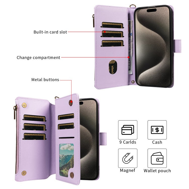 For iPhone 16 Pro Max Leather Case with Card Holder, Straps, RFID Blocking Wallet Phone Cover Rhombus Pattern - Purple