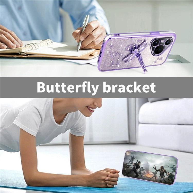 KADEM For Huawei Pura 70 Case Dragonfly Kickstand TPU Flowers Glitter Phone Cover - Purple