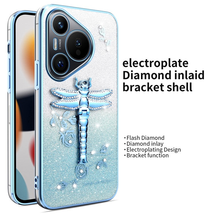 KADEM For Huawei Pura 70 Case Dragonfly Kickstand TPU Flowers Glitter Phone Cover - Blue