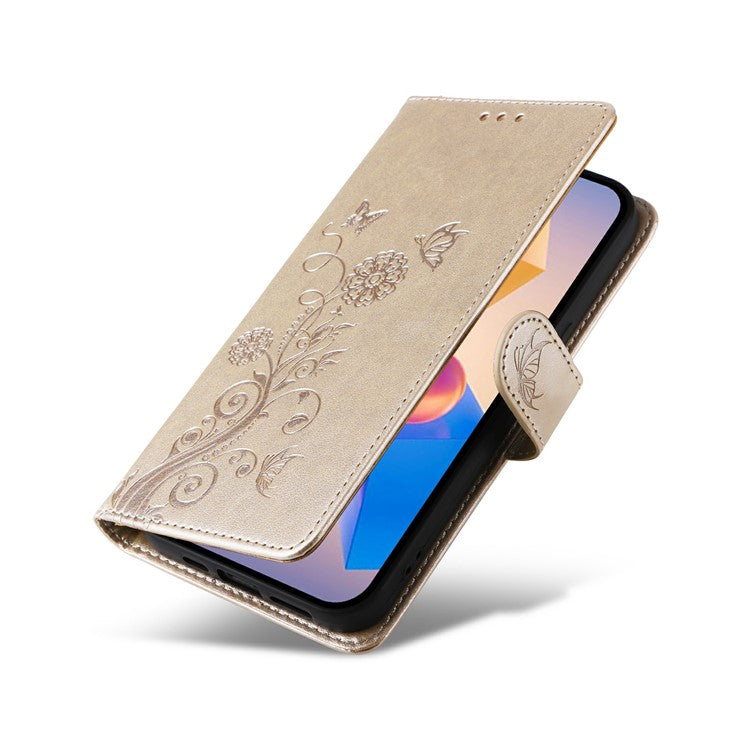 Leather Case for Infinix Smart 8 Plus / Smart 8 Pro 4G / Smart 8 4G / Hot 40i / TECNO Spark 20 / Spark Go 2024 4G Butterfly Floral Cover - Gold