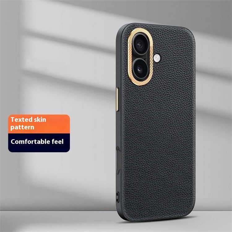 For iPhone 16 Phone Case Leather+TPU Back Cover with Metal Lens Frame - Black