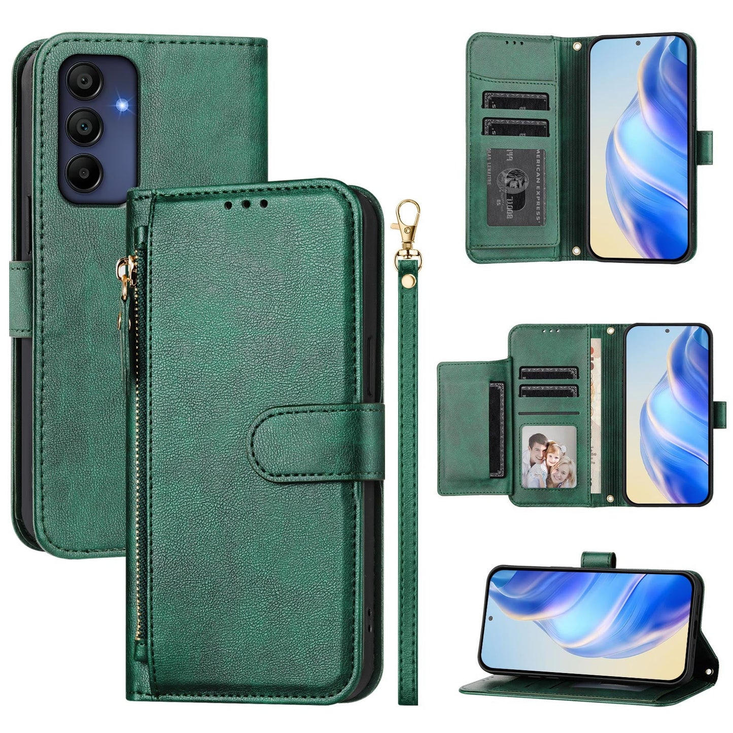 For Samsung Galaxy A16 5G / Galaxy A16 4G Case Zipper Pocket Multiple Card Slots Leather Phone Cover - Green