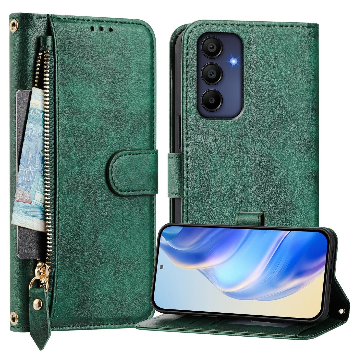 For Samsung Galaxy A16 5G / Galaxy A16 4G Case Zipper Pocket Multiple Card Slots Leather Phone Cover - Green