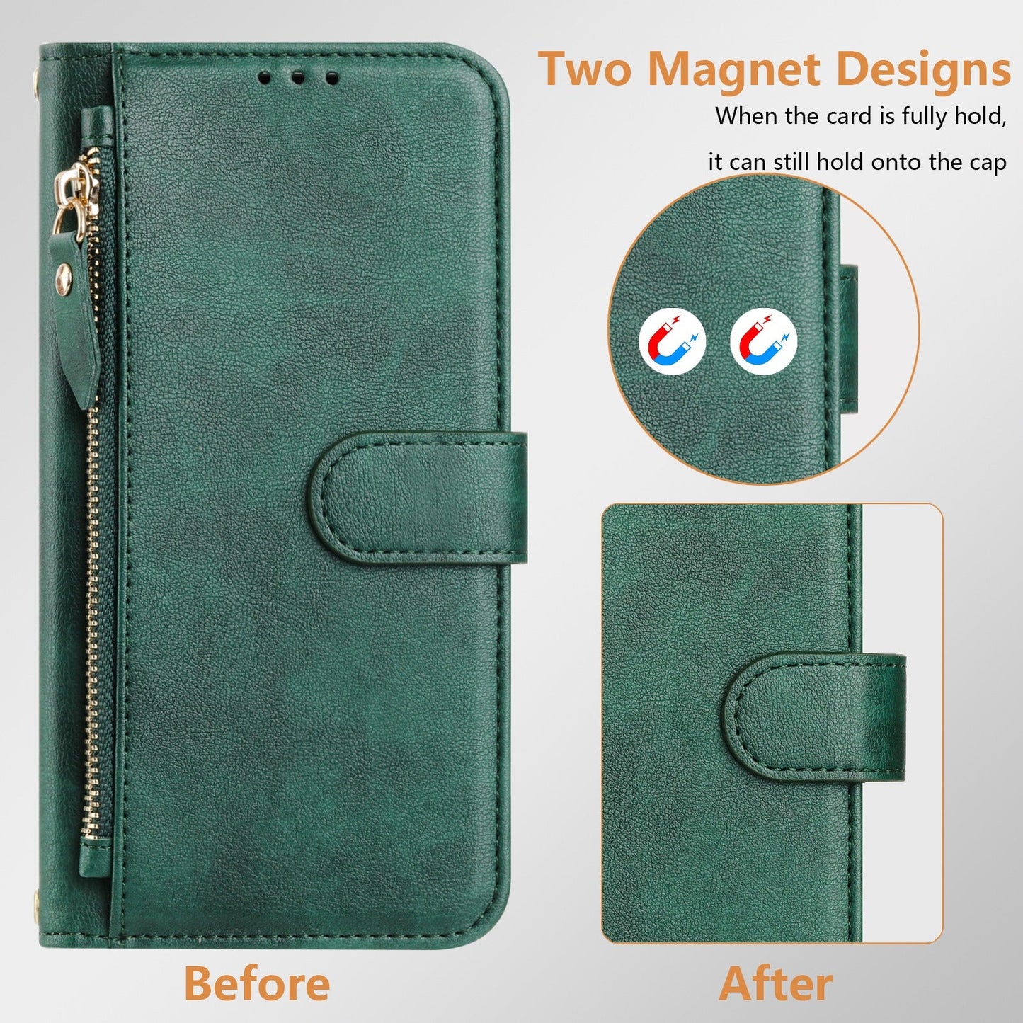 For Samsung Galaxy A16 5G / Galaxy A16 4G Case Zipper Pocket Multiple Card Slots Leather Phone Cover - Green