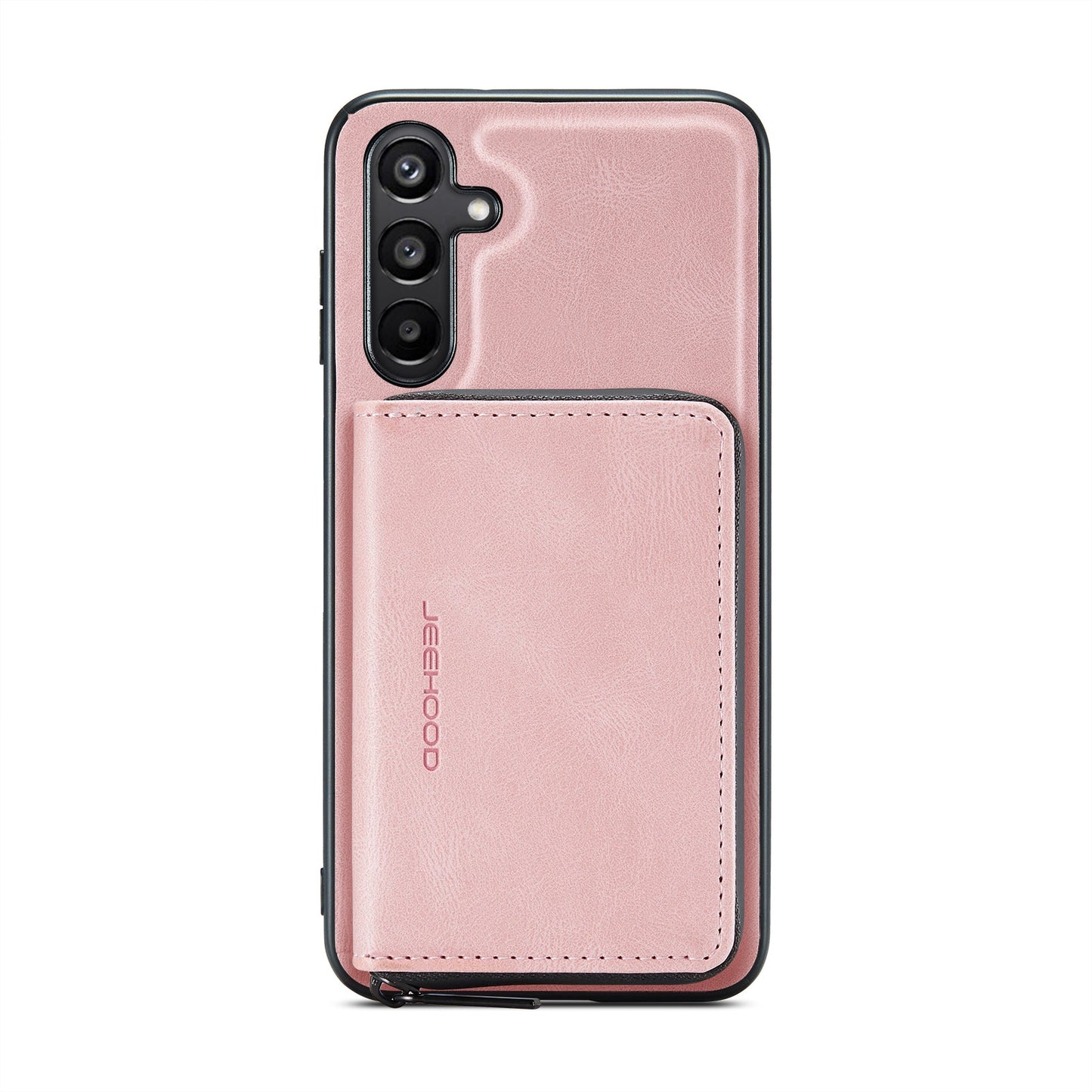 For Samsung Galaxy A16 5G Case JEEHOOD J02 Leather Back Cover with Detachable Zipper Card Holder Kickstand - Pink