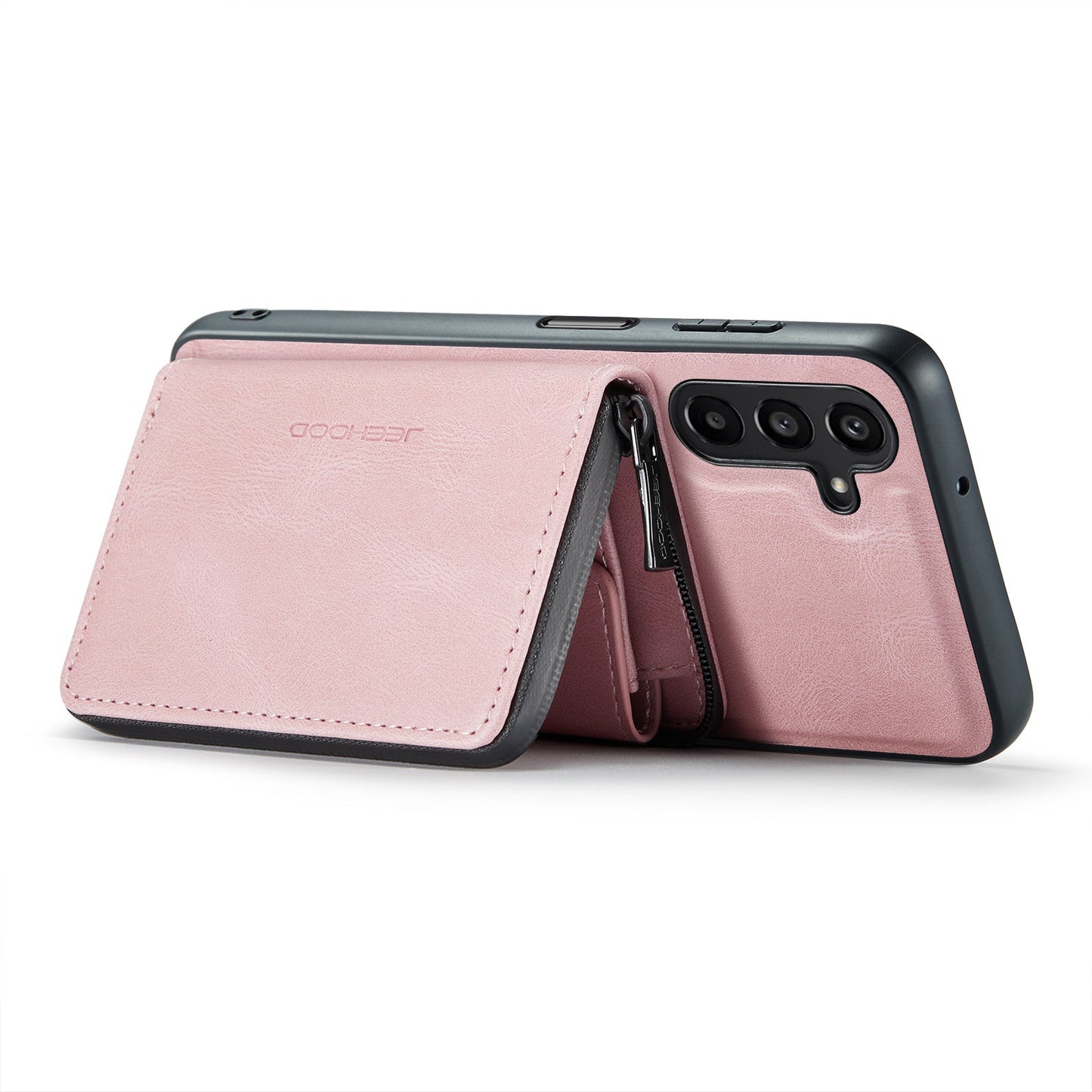 For Samsung Galaxy A16 5G Case JEEHOOD J02 Leather Back Cover with Detachable Zipper Card Holder Kickstand - Pink