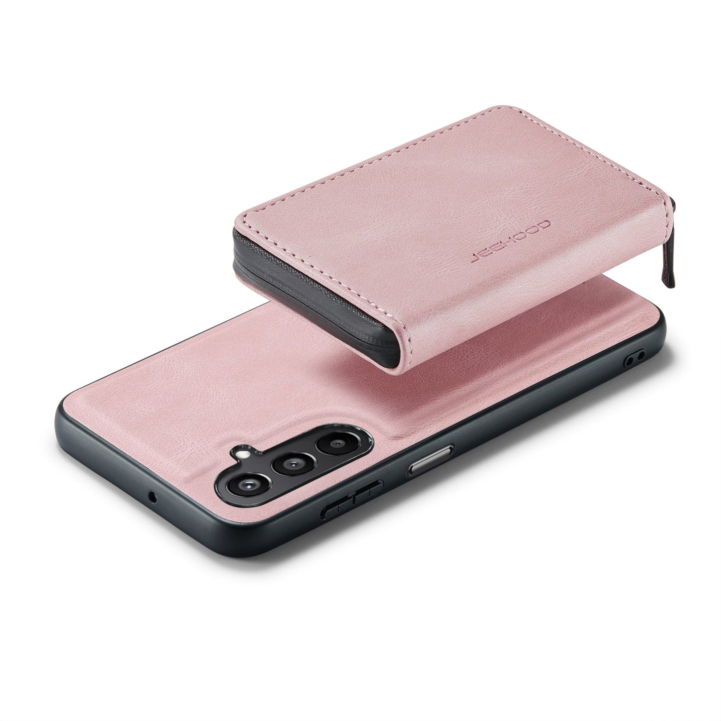 For Samsung Galaxy A16 5G Case JEEHOOD J02 Leather Back Cover with Detachable Zipper Card Holder Kickstand - Pink