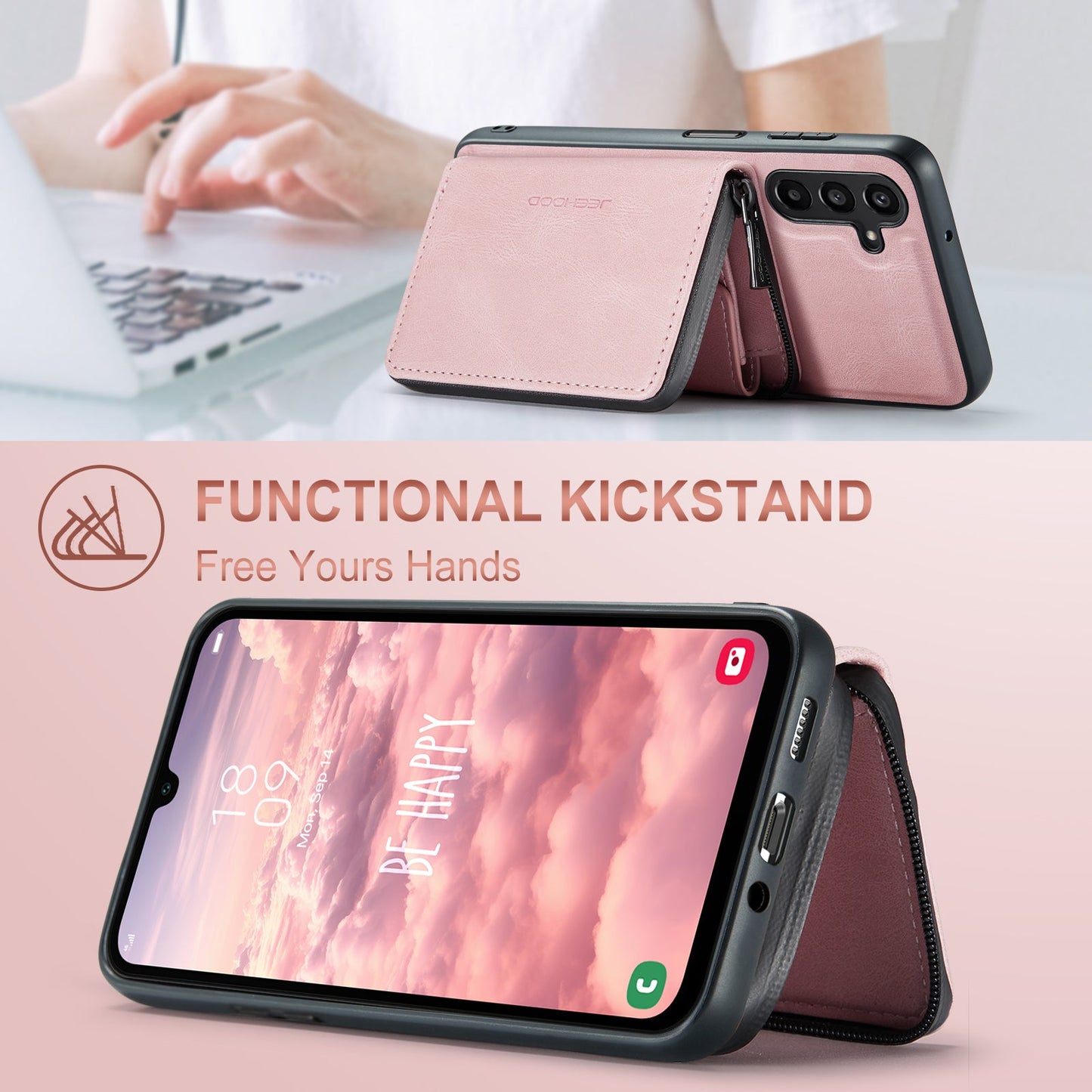 For Samsung Galaxy A16 5G Case JEEHOOD J02 Leather Back Cover with Detachable Zipper Card Holder Kickstand - Pink