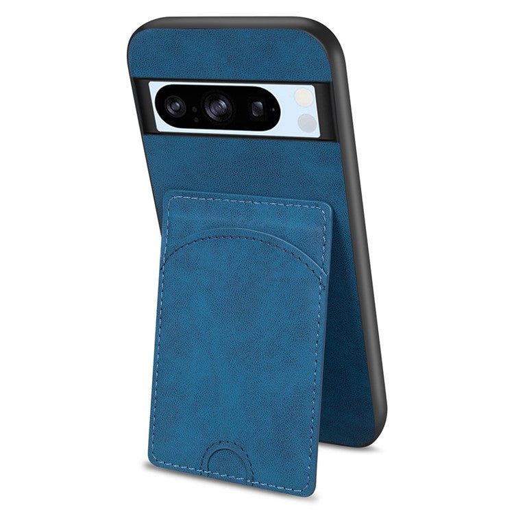 For Google Pixel 9 Pro XL Case Kickstand Leather Coated TPU Phone Cover with Card Slot - Blue