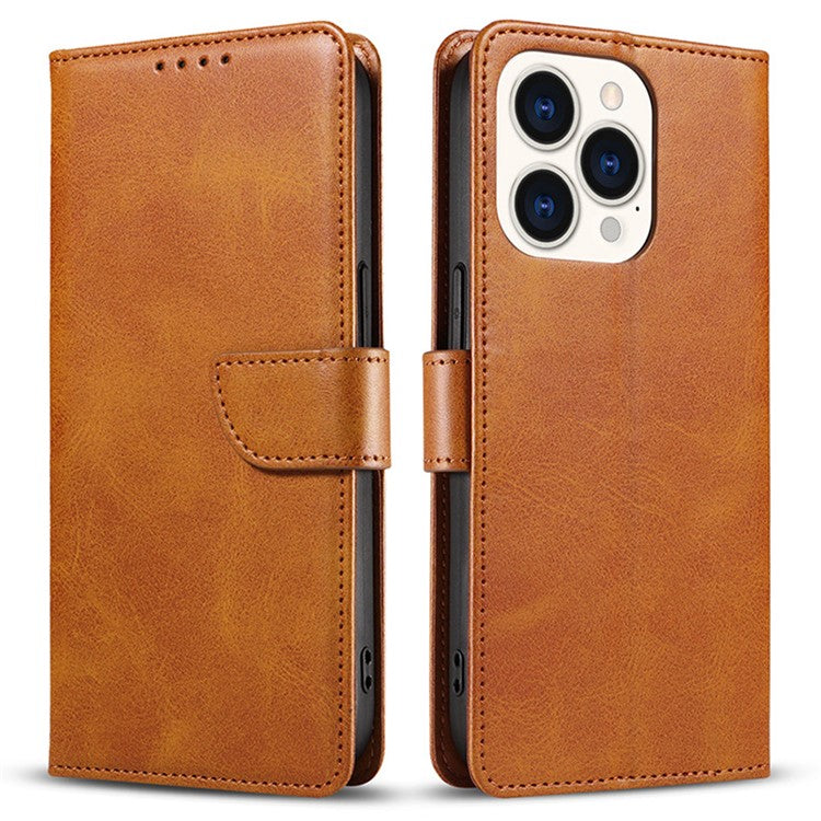 For iPhone 16 Pro Case Calf Texture Magnetic Clasp Wallet PU Leather Phone Cover - Khaki