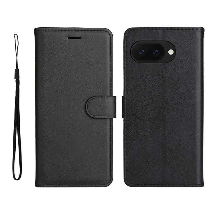 For Google Pixel 9a Case Solid Color Leather Phone Cover Wallet Stand - Black