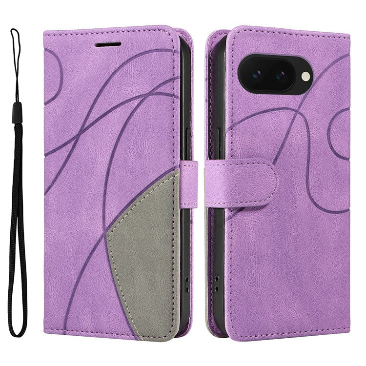 For Google Pixel 9a Case Color Splicing Leather Phone Cover Wallet Stand - Light Purple