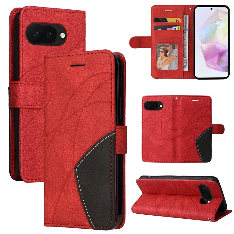For Google Pixel 9a Case Color Splicing Leather Phone Cover Wallet Stand - Red