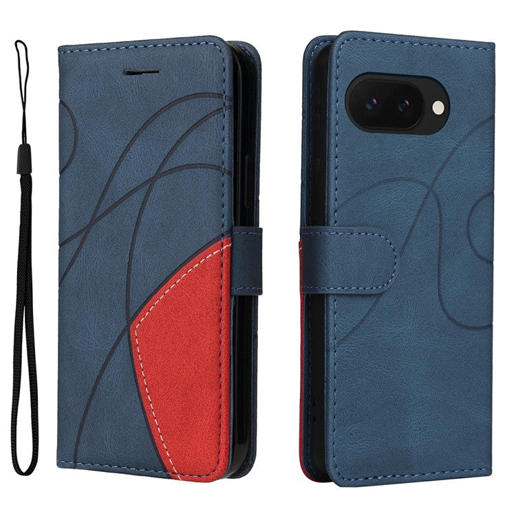 For Google Pixel 9a Case Color Splicing Leather Phone Cover Wallet Stand - Blue