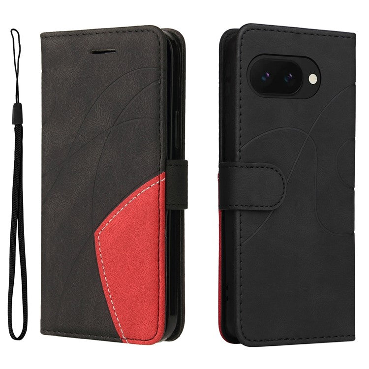 For Google Pixel 9a Case Color Splicing Leather Phone Cover Wallet Stand - Black