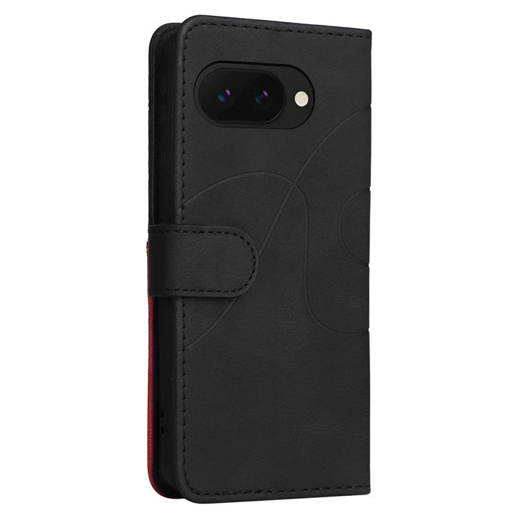 For Google Pixel 9a Case Color Splicing Leather Phone Cover Wallet Stand - Black