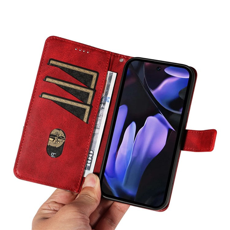 For Google Pixel 9a Case Leather Geometric Line Wallet Phone Cover with Wrist Strap - Red