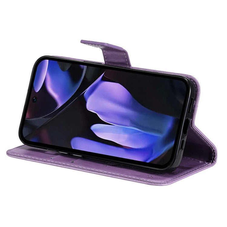 For Google Pixel 9a Case Cat Tree Pattern Flip Leather Phone Cover - Light Purple