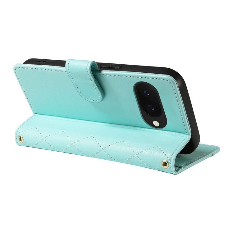 For Google Pixel 9a Wallet Case Rhombus Leather Phone Cover with Shoulder Strap, Wrist Strap - Green
