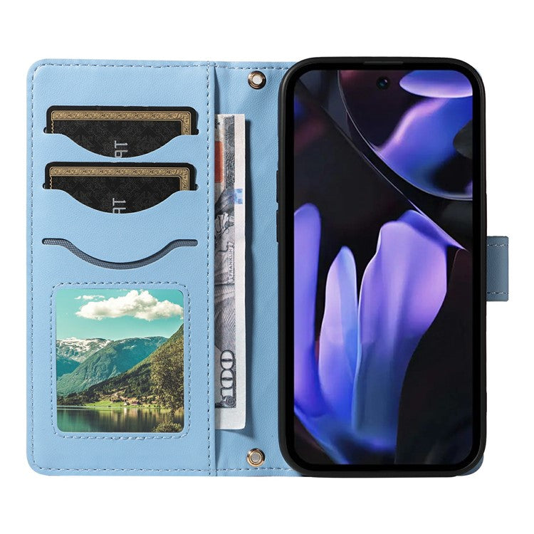 For Google Pixel 9a Wallet Case Rhombus Leather Phone Cover with Shoulder Strap, Wrist Strap - Blue