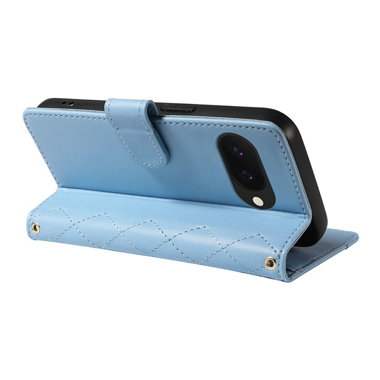 For Google Pixel 9a Wallet Case Rhombus Leather Phone Cover with Shoulder Strap, Wrist Strap - Blue