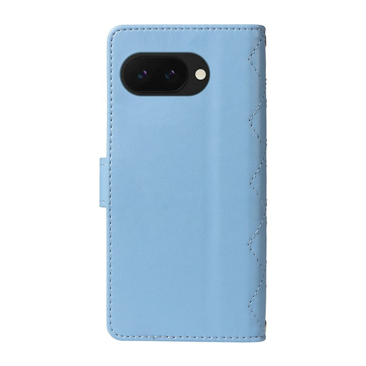 For Google Pixel 9a Wallet Case Rhombus Leather Phone Cover with Shoulder Strap, Wrist Strap - Blue