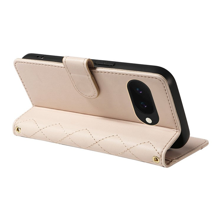 For Google Pixel 9a Wallet Case Rhombus Leather Phone Cover with Shoulder Strap, Wrist Strap - Apricot