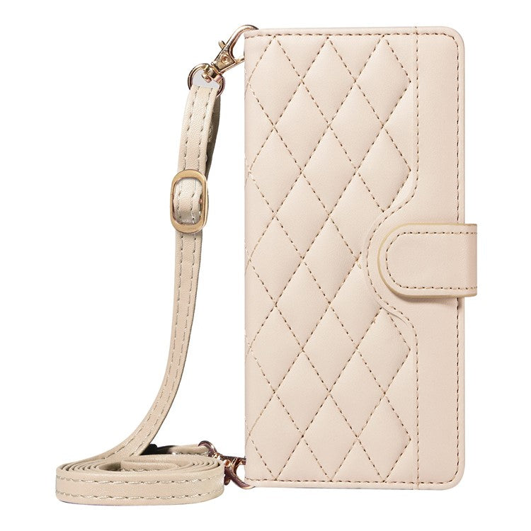 For Google Pixel 9a Wallet Case Rhombus Leather Phone Cover with Shoulder Strap, Wrist Strap - Apricot