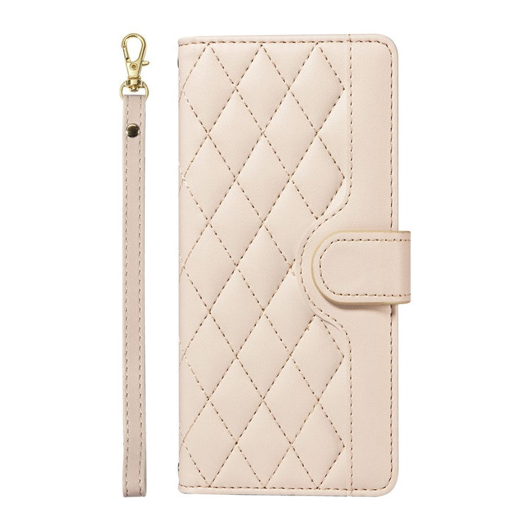 For Google Pixel 9a Wallet Case Rhombus Leather Phone Cover with Shoulder Strap, Wrist Strap - Apricot